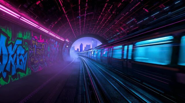 Entering cyan-lit subway train speeding through neon-lit tunnel with graffiti toward city skyline