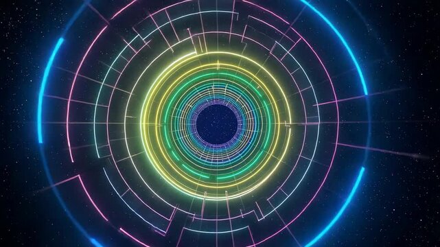 Emerging neon ring assembly pulsing and rotating through tunnel, starfield suggesting deeper travel