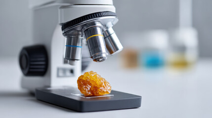 Focused laboratory analysis of gallstone under microscope for medical research into gallbladder disease diagnosis and treatment. serious clinical study of cholelithiasis