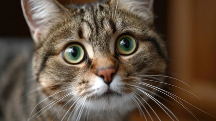 Obraz premium Portrait of cat with big fearful eyes concept. Close-up of a curious cat with striking green eyes.