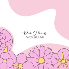 Cute flowers square postcard. Floral card with pink waves and white back for text. Pink delicate feminine background with flowers frame for printing. Greeting card design. Flat style hand draw flowers