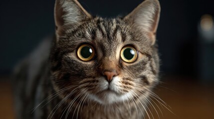 Portrait of cat with big fearful eyes concept. Close-up of a curious tabby cat with bright, expressive eyes.