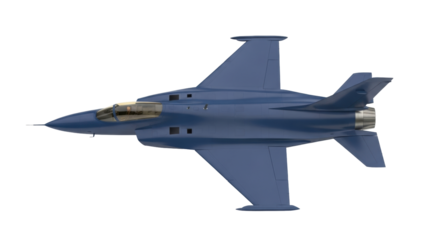 Isolated modern blue combat jet fighter, military aircraft, aviation and aerospace