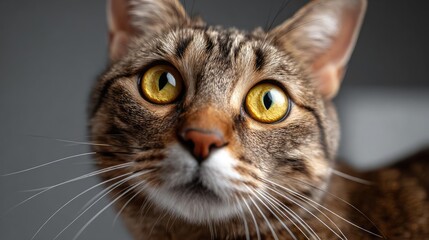 Obraz premium Portrait of cat with big fearful eyes concept. Close-up of a curious cat with striking yellow eyes.