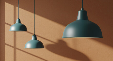 Obraz premium Sophisticated Teal Dome Pendants Illuminate an Orange Wall with Elegant Shadows