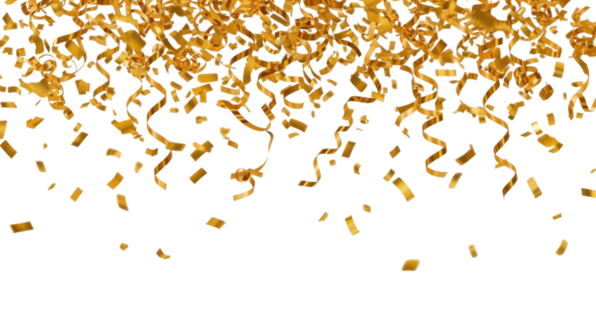 Isolated golden confetti celebration decorations festive, shiny, fun birthday and party events