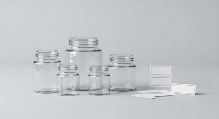 Clear glass jars with blank labels arranged on a light background for organizational and decorative uses