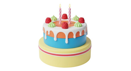 Isolated tiered birthday cake with raspberries and candles for a sweet celebration
