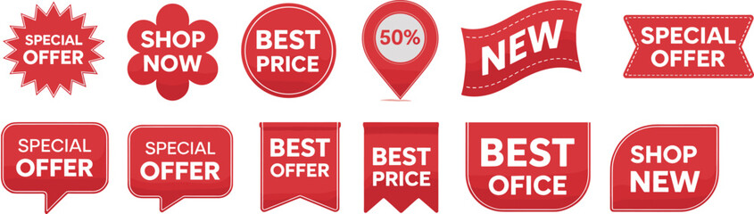 Red sale labels and special offer badges, discount price tags, promotional shopping stickers, best deal signs, shop now icons, vector marketing design elements