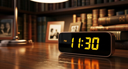 Evening Routine Digital Clock Shows 1130 PM Amidst Cozy Study Setting with Books