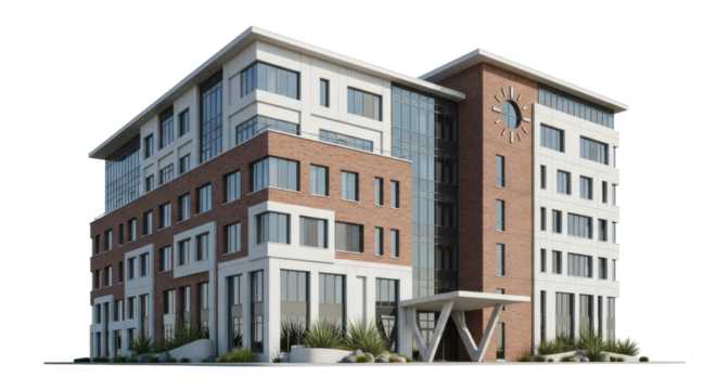 Isolated brick and glass office building with modern architecture, exterior view on a sunny day