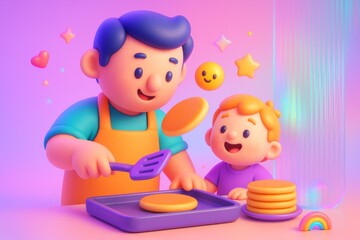 Cute cartoon father and child flipping pancakes with joy on colorful dreamy light background in fun creative cooking moment for happy family time. Ai generative