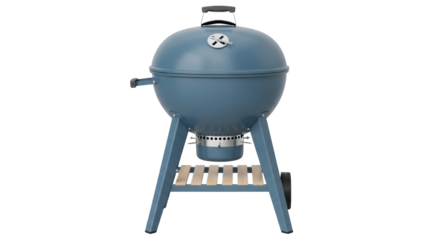 Isolated blue-colored barbecue charcoal grill for outdoor cooking with lid and air vent system