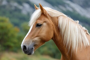 Obraz premium A palomino horse stands in profile its blonde mane flowing against a backdrop of green and blurred mountains