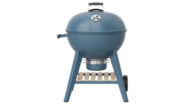 Isolated blue-colored barbecue charcoal grill for outdoor cooking with lid and air vent system
