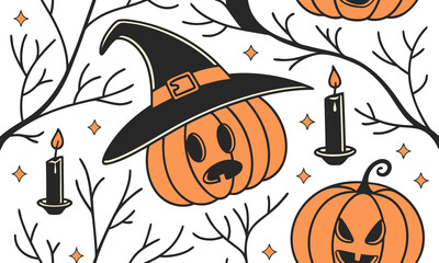 Halloween Seamless Pattern with Pumpkins, Witch Hat, Candles, and Spooky Elements
