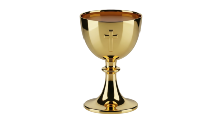 Isolated golden chalice, a sacred goblet with a cross on its surface, Catholic symbol, religious vessel