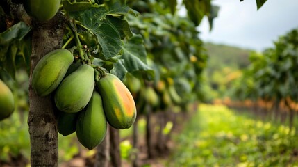 Big orange papaya and gree papaya tree with big green leaf.