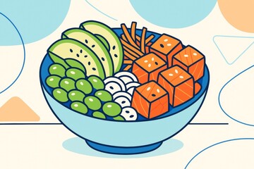 Colorful poke bowl with salmon, avocado, seaweed, and rice balls illustrated in bold lines on a light abstract background. Ai generative. Ai generative