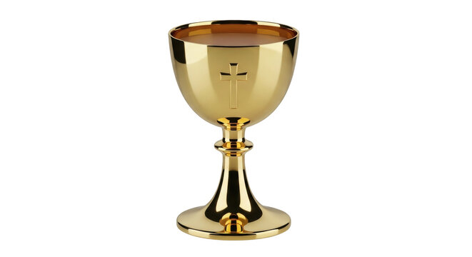 Isolated golden chalice, a sacred goblet with a cross on its surface, Catholic symbol, religious vessel