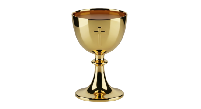 Isolated golden chalice, a sacred goblet with a cross on its surface, Catholic symbol, religious vessel