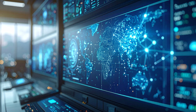 Digital World Data: Displaying advanced digital screens with world map in data center, highlighting technology, communication and a modern, futuristic aesthetic. - Powered by Adobe