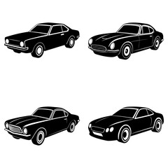 Obraz premium Four classic cars in black and white showcasing automotive design and vintage vehicle silhouettes nicely done