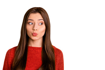 Close up photo of cute lovely youth girl look make her lips pouted plump think have thoughts about...