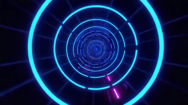 Playback starting expanding neon rings in tunnel while cyan bars pulsating magenta panels rotating - Powered by Adobe