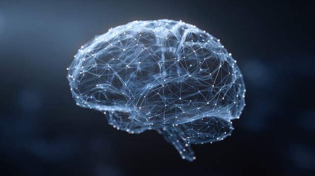 Digital brain with glowing connection dots and neural network pathways in computer generated 3D render. Artificial intelligence concept for technology, innovation and data processing projects