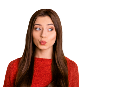 Close up photo of cute lovely youth girl look make her lips pouted plump think have thoughts about weekends  wear red pullover isolated over bright color background