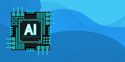 Artificial intelligence chip concept. Horizontal technological background with computer processor imitation. Technology development. Blue abstract back with waves.Hand drawn illustration in flat style