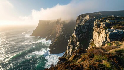 Dramatic coastal cliffs meet churning waves at sunrise
