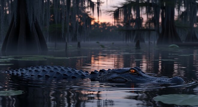 Alligator in Swamp Sunrise. - Powered by Adobe