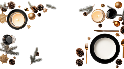 Christmas Elegant Table Setting with Candles and Pinecones on transparent background