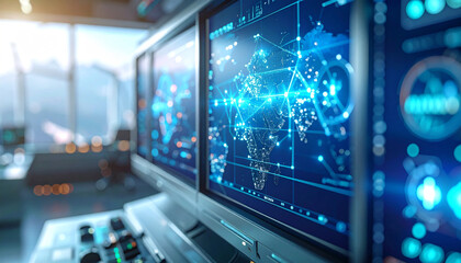 Technology Hub: Captivating shot of a futuristic control room bathed in cool blue light. Complex data visualizations and user interface designs on sleek monitors exemplify the dynamism of progress.