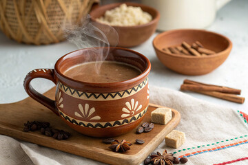 Steaming Hot Chocolate or Spiced Coffee in Rustic Mug
