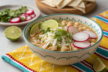 Authentic Mexican Pozole with Lime, Radish, and Cilantro