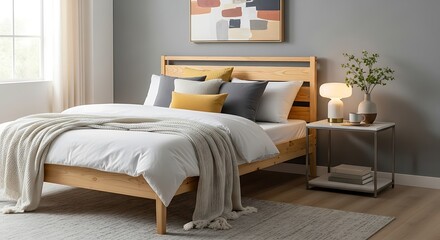Fototapeta premium A light-filled bedroom features a light wooden bed, a simple bedside table, and neutral tones.