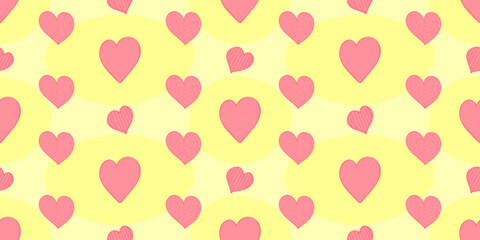Rectangular seamless hearts pattern on yellow spotted background. Cute baby pattern with pink doodle hearts. Cropped trendy pattern with changeable background for printing, wrapping paper, fabric. 