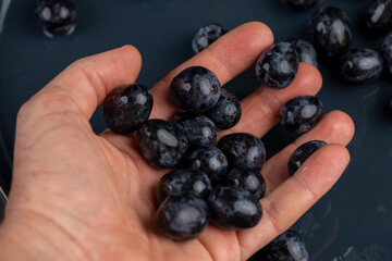 a beautiful ripe blue grape torn from a branch and lying on a bowl, covered with drops of water wet fruits of blue grapes on a blue bowl during cooking