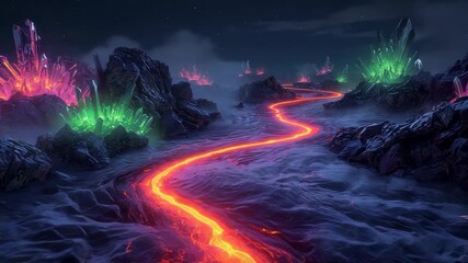 Starting shot, camera gliding along glowing lava river under starry sky, revealing neon crystals - Powered by Adobe