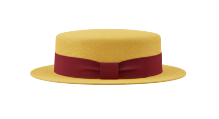 Isolated yellow straw boater hat with burgundy ribbon, classic vintage style for summer event