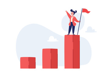 Obraz premium businesswoman with flag standing on highest rising bar chart