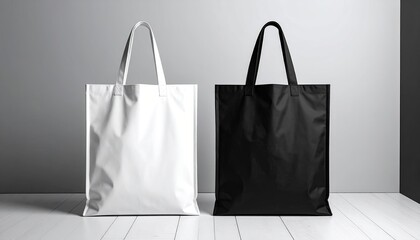 Two blank tote bags, white and black, on a light wooden surface against a gray wall
