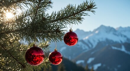 Christmas ornaments hanging on pine tree with snowy mountains in sunlight