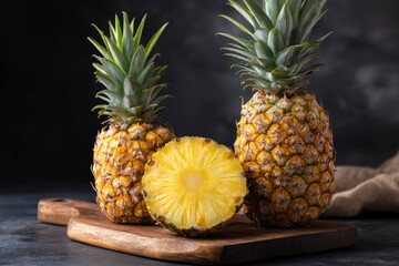 Two whole pineapples and a slice sit on a wooden cutting board against a dark background