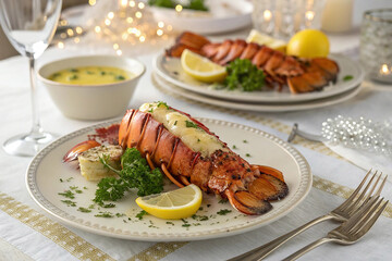 Elegant Holiday Meal with Cooked Lobster and Gold Decor	