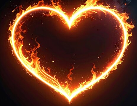 Fiery heart shape outlined in flames on a dark background