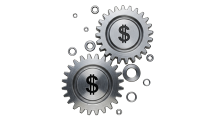 Isolated Money-Making Gears Business Concept, Economy Success, Two Silver Cogwheels Spinning